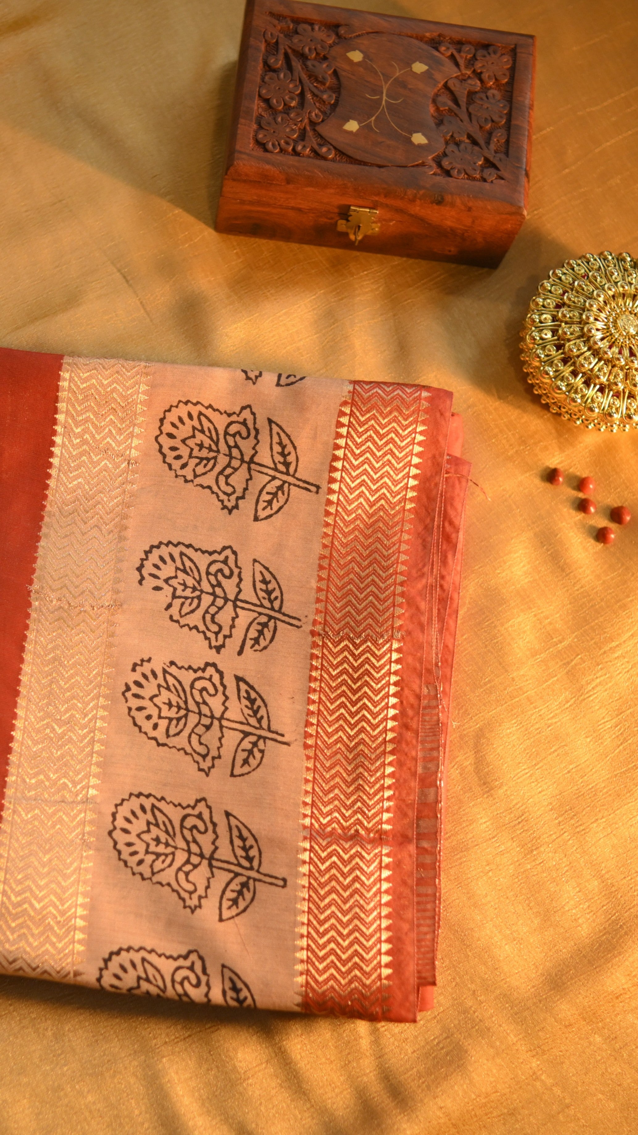 Maheshwari Art Silk Block print Saree - Double Border Potai Bagru KM4B013