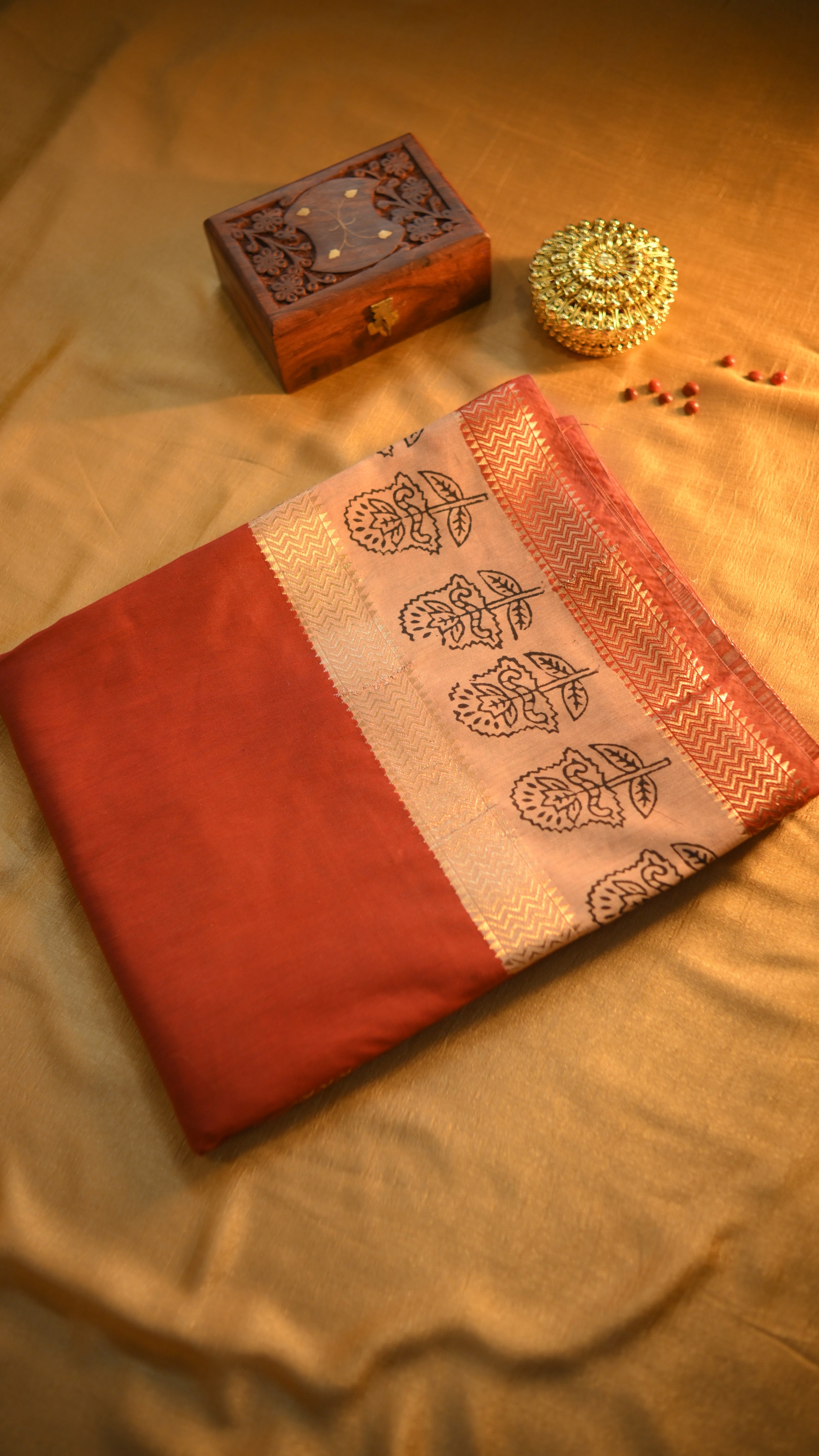 Maheshwari Art Silk Block print Saree - Double Border Potai Bagru KM4B013