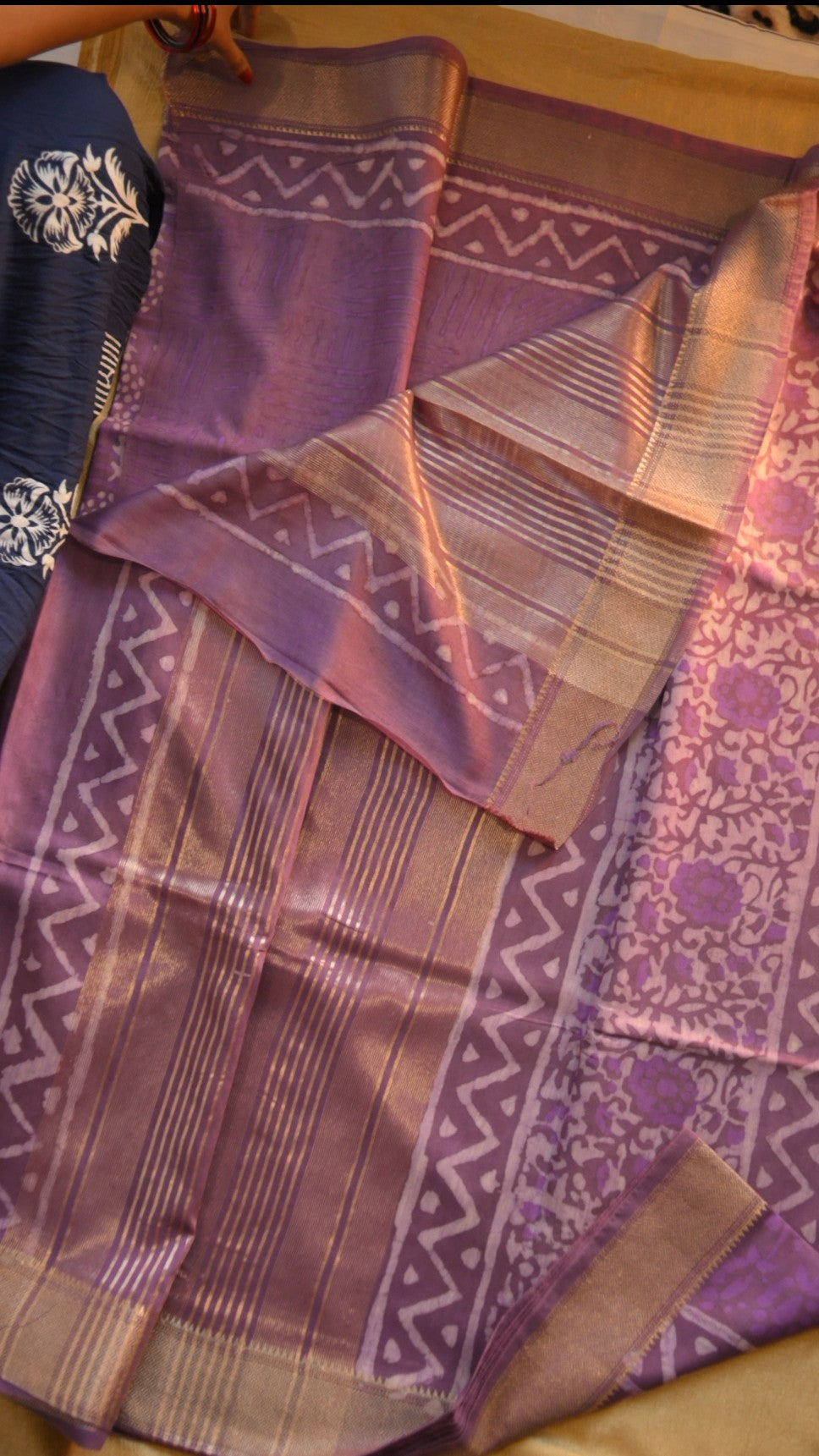 Maheshwari Art Silk Block Print Saree - Dabu Print KM4B007