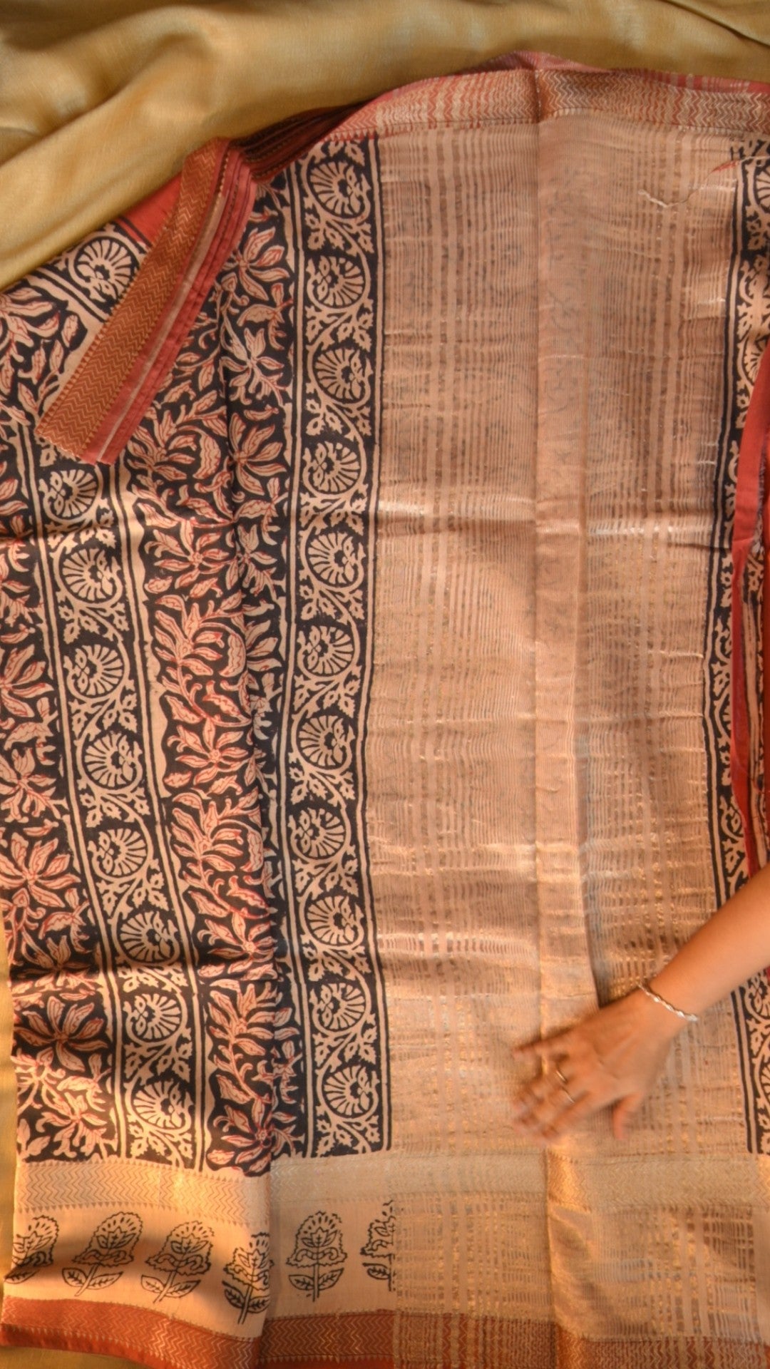 Maheshwari Art Silk Block print Saree - Double Border Potai Bagru KM4B013